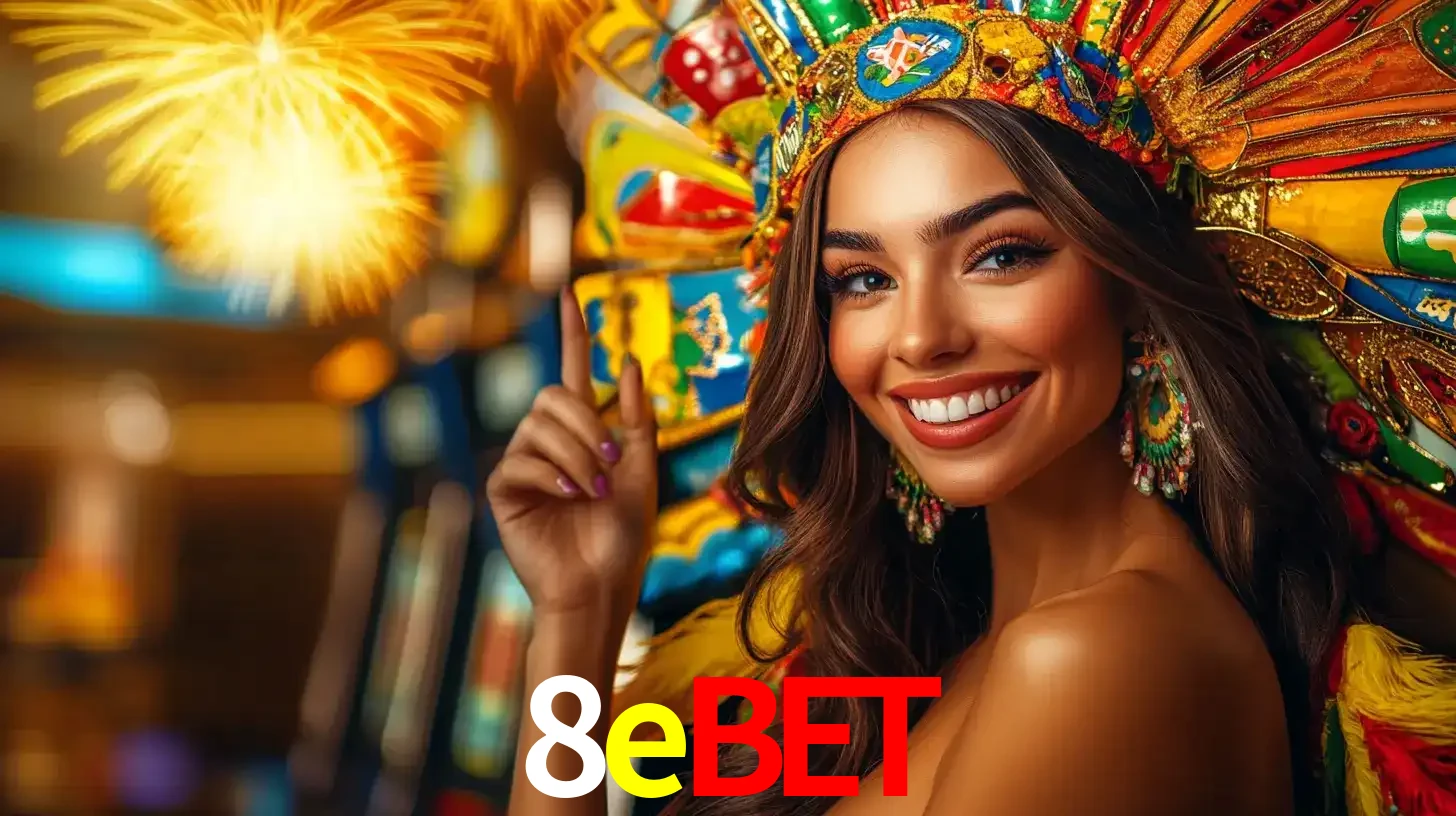 Mulher sorridente com um cocar de carnaval vibrante e colorido, celebrando uma grande vitória nos jogos do cassino 8ebet com fogos de artifício ao fundo.