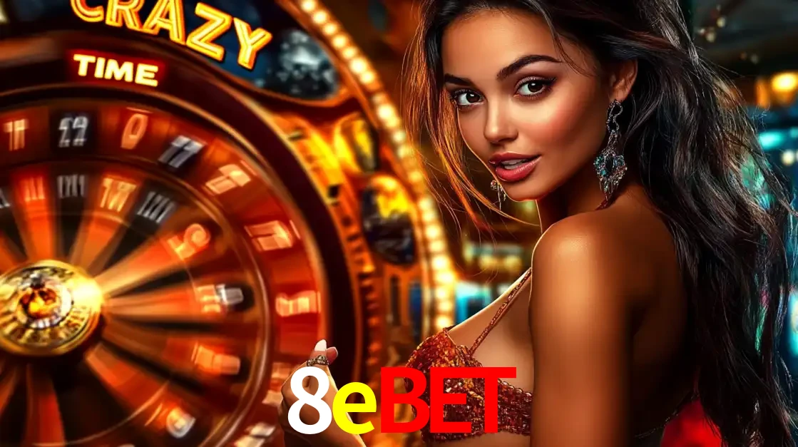 Mulher ao lado da roda de prêmios do jogo de cassino ao vivo Crazy Time, um dos shows de jogos mais emocionantes oferecidos pela plataforma de apostas 8ebet.
