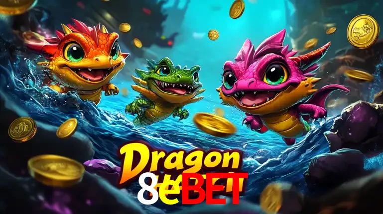 Arte promocional do jogo Dragon Hatch com três adoráveis dragões bebês nadando entre moedas de ouro, um dos slots mais divertidos para jogar no cassino 8ebet.
