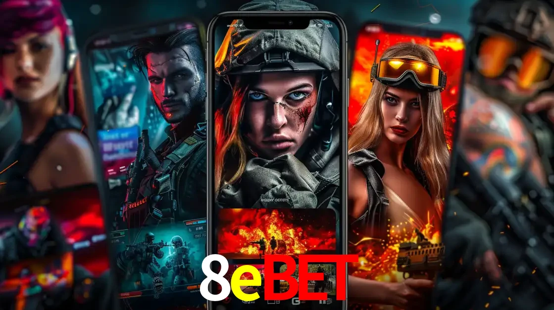 Montagem de telas de celular mostrando diversos personagens, masculinos e femininos, de um jogo de tiro, ilustrando a diversidade de equipes de e-sports para apostar no 8ebet.