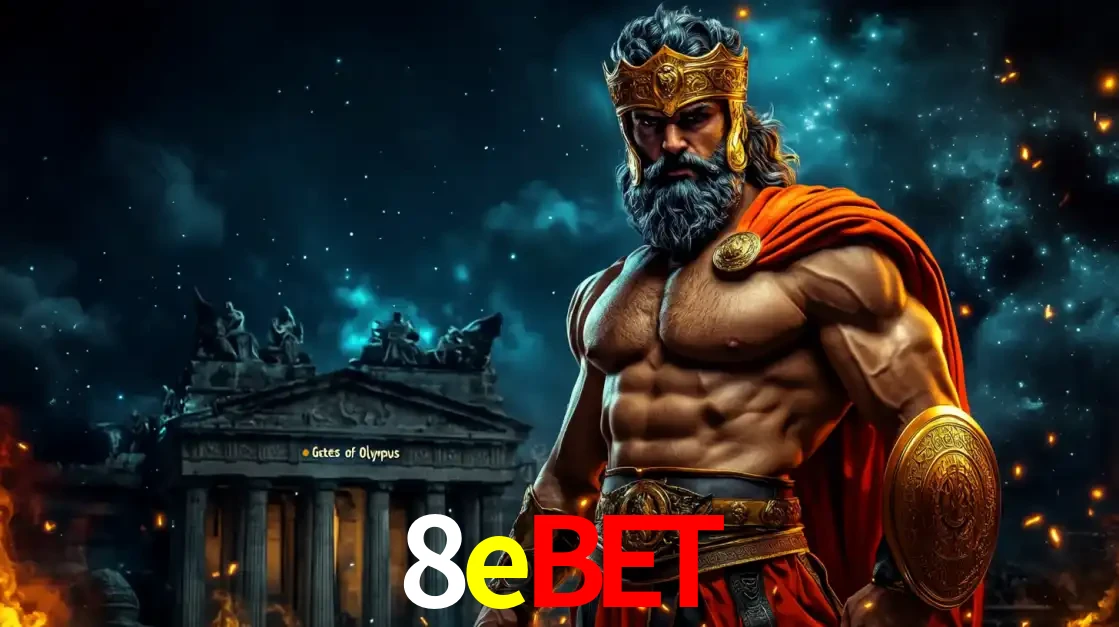 O poderoso Zeus do jogo de slot Gates of Olympus em frente ao seu templo, pronto para lançar multiplicadores divinos e prêmios épicos no cassino online 8ebet.