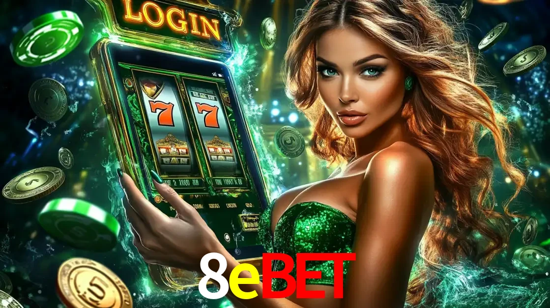 Mulher com tema verde apresentando o aplicativo do cassino 8ebet com um jogo de slot de 777, cercada por fichas de cassino e uma aura de sorte.