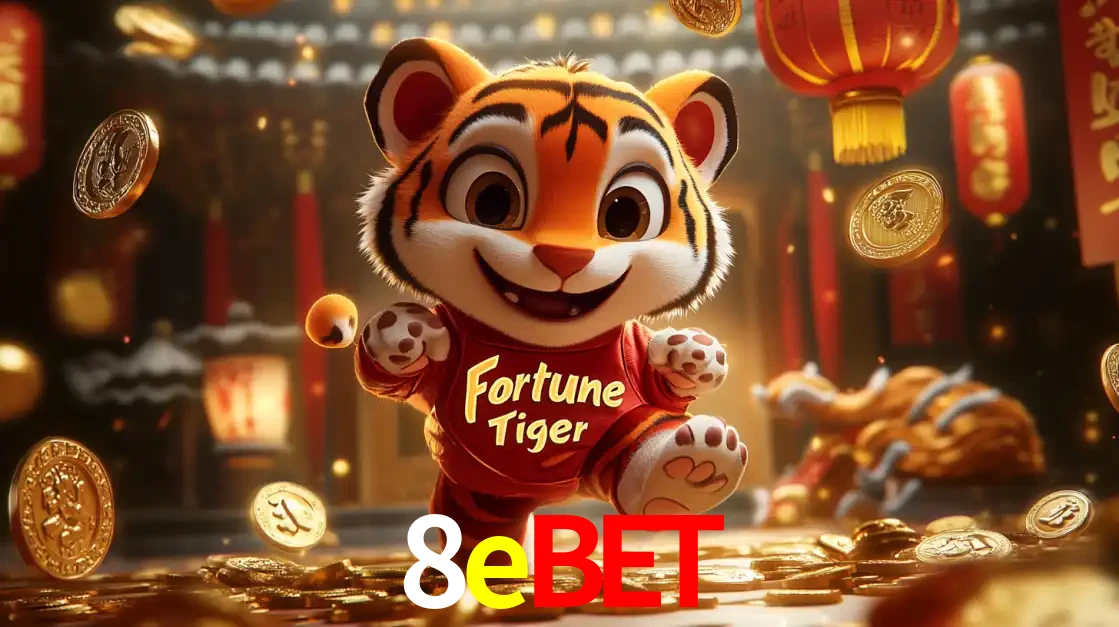 O alegre personagem do Fortune Tiger correndo sobre um caminho de moedas de ouro, simbolizando os grandes prêmios e a diversão do popular jogo de slot do 8ebet.