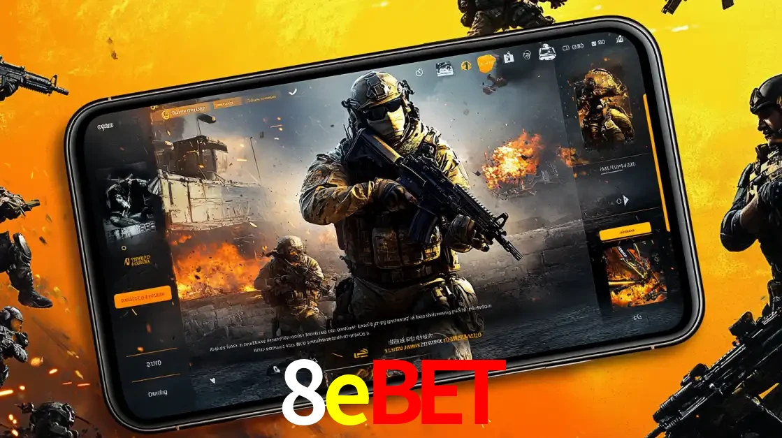 Um smartphone exibindo a interface de um jogo de tiro em primeira pessoa, com um soldado em um cenário de batalha, representando a ação dos e-sports para apostar no 8ebet.