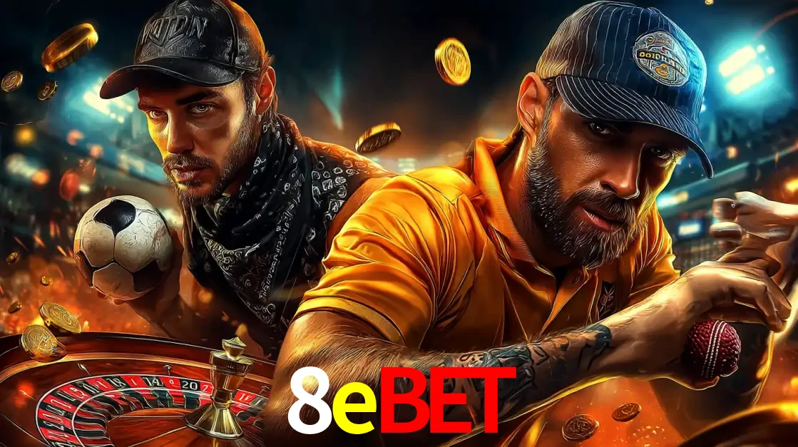 Montagem de apostas esportivas e cassino no 8ebet, com um homem segurando uma bola de futebol e outro uma de beisebol sobre uma roleta e moedas voadoras.