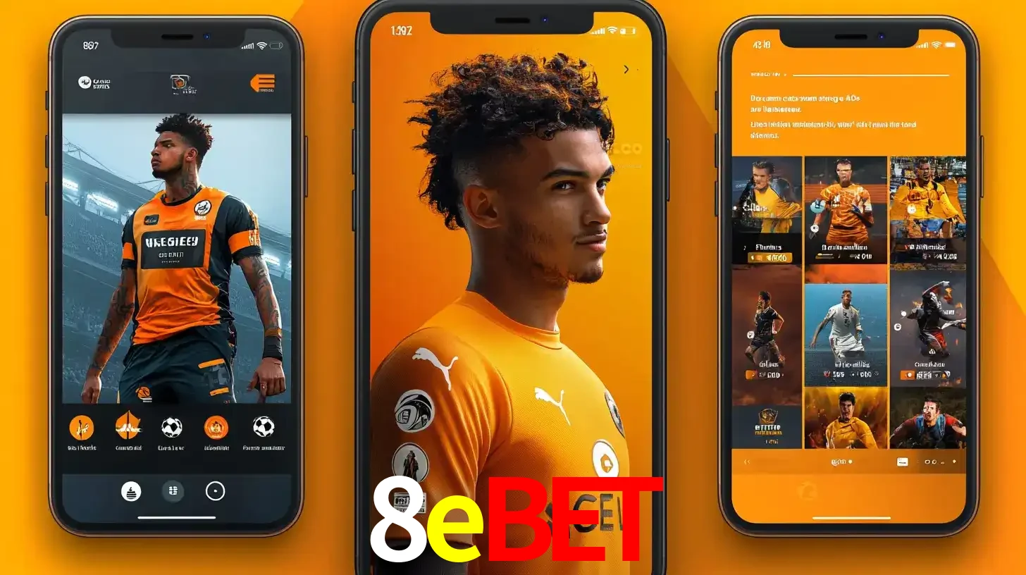 Interface do aplicativo de apostas esportivas 8ebet em três telas de celular, mostrando o perfil de um jogador de futebol e a lista de jogos disponíveis para apostar.