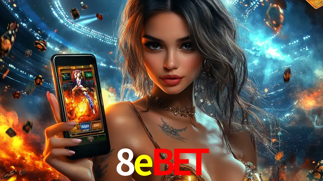 Mulher segurando um celular com um jogo de slot em destaque, tendo como fundo um estádio vibrante, simbolizando a emoção de jogar no cassino móvel 8ebet.