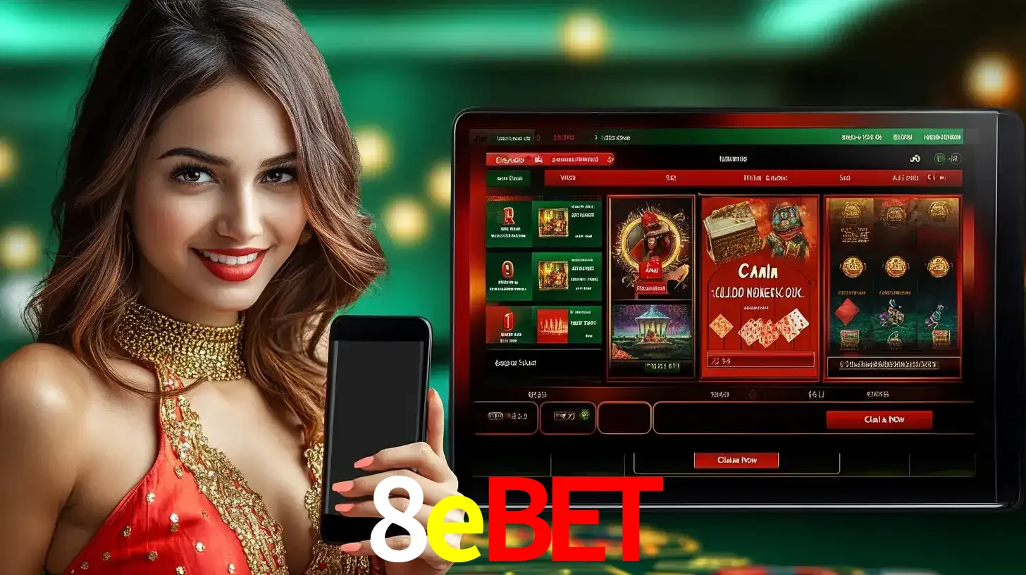Mulher sorridente segurando um smartphone, ao lado de uma tela exibindo o lobby de jogos do cassino online 8ebet, com várias opções de jogos de cartas e slots.